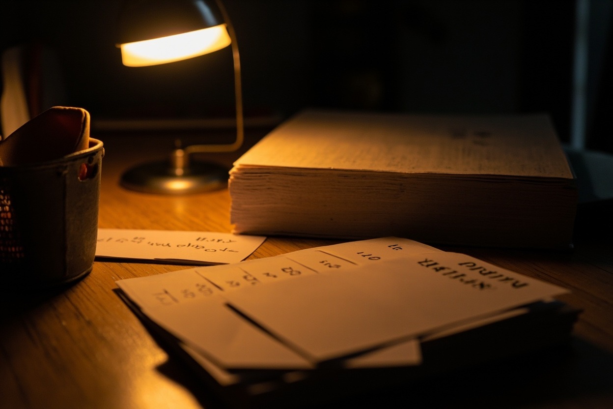 安靜的書桌，溫暖檯燈照明，堆疊的文件、手寫標注的卡片，遠端夜燈光暈