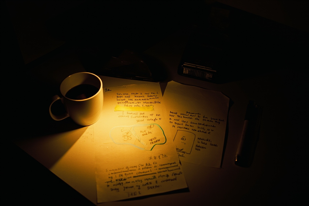 安靜的書桌，手寫管理筆記與標籤，暖色燈光，半杯咖啡